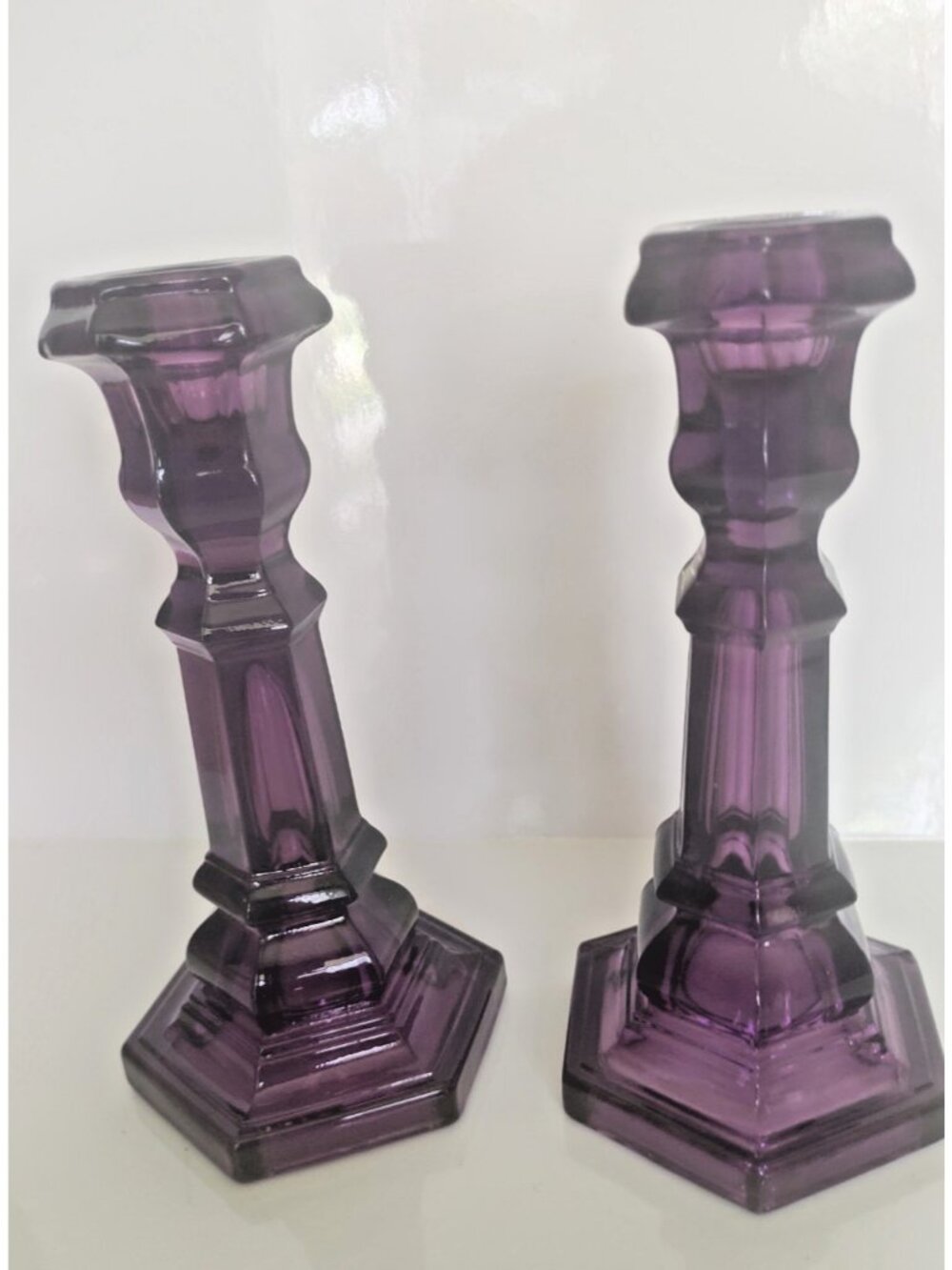 Imperial Glass  Amethyst Purple Glass Hexagonal Column Candlestick Holders (2)